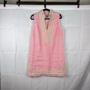 Sail to Sable Linen Tunic Dress Womens Large L Pink White / Golden Trim